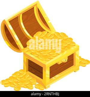 Goldene Münzen in Holzkiste. Isometrisches Symbol des Zeichentrikums Stock Vektor