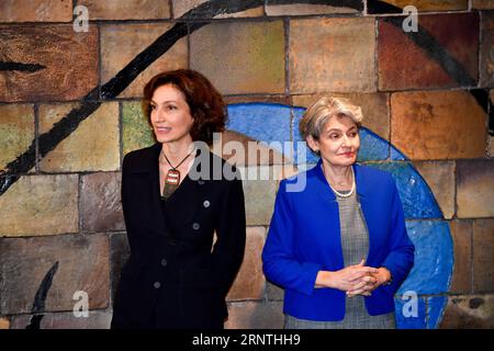 (171110) -- PARIS, 10. November 2017 -- Audrey Azoulay (L), ehemalige französische Kulturministerin, nimmt am 10. November 2017 an einer Pressekonferenz im Hauptquartier der Organisation der Vereinten Nationen für Bildung, Wissenschaft und Kultur (UNESCO) in Paris, Frankreich, Teil. Audrey Azoulay wurde am Freitag in Paris von der Generalkonferenz der UNESCO als neuer Generaldirektor dieser UN-Organisation genehmigt. (zf) FRANCE-PARIS-UN-UNESCO-GENERALDIREKTOR ChenxYichen PUBLICATIONxNOTxINxCHN Stockfoto