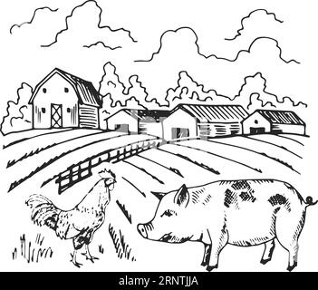 Handgezeichnete Farmlandschaft. Retro-Sketch für die Landschaft Stock Vektor