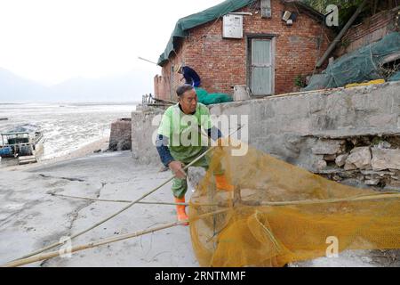 (171113) -- XIAPU, 13. November 2017 -- Jiang Lianshui sammelt das Fanggerät nach der Arbeit in einem Hafen im Dorf Beiqi im Kreis Xiapu, Provinz Fujian im Südosten Chinas, 9. November 2017. Xiapu County mit 480 km Küste und 69.333 ha Schlammfläche ist berühmt für seine malerische Landschaft mit Stränden und zieht Gruppen von Fotografen an, um Fotos zu machen. So steigt die Nachfrage nach Modellen, die den Fang auf traditionelle Weise darstellen können. Der 67-jährige Jiang Lianshui ist eines dieser neuen Modelle. Jiang wechselte seine Karriere von einem Fischer zu einem Vollzeitmodell im Jahr 2007. Stockfoto