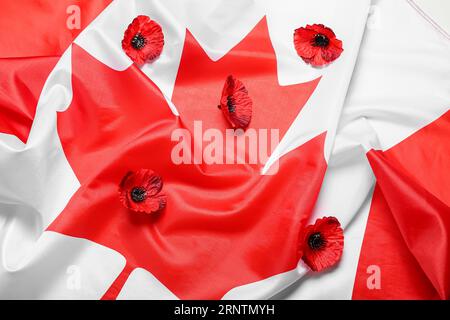 Mohnblumen auf der Flagge Kanadas als Hintergrund. Gedenktag Stockfoto