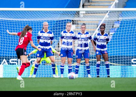 Reading, UK. September 2023. Die Spieler von Reading bilden eine Wand, während Carla Humphrey (8 Charlton Athletic) einen Freistoß während des Barclays FA Womens Championship-Spiels zwischen Reading und Charlton Athletic im Select Car Leasing Stadium macht. Liam Asman/Alamy Live News Stockfoto