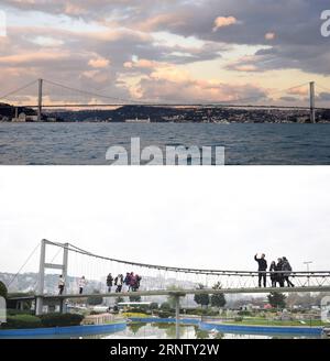 (171123) -- ISTANBUL, 23. November 2017 -- Combo-Foto zeigt die Märtyrerbrücke vom 15. Juli in Istanbul, Türkei, am 21. November 2017 und das Modell der Märtyrerbrücke vom 15. Juli (unten) im Miniaturk Park in Istanbul, Türkei, am 23. November 2017. Miniaturk ist ein Miniaturpark mit mehr als 100 Modellen architektonischer Werke aus der Türkei und Umgebung sowie Interpretationen historischer Bauten. TÜRKEI-ISTANBUL-MINIATUR PARK-MINIATURK HexCanling PUBLICATIONxNOTxINxCHN Stockfoto