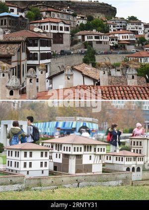 (171123) -- ISTANBUL, 23. November 2017 -- Combo-Foto zeigt die osmanischen Gebäude (Top) in Safranbolu, Nordtürkei, am 7. Juli 2016 und das Modell osmanischer Gebäude von Safranbolu (unten) im Miniaturk Park in Istanbul, Türkei, am 23. November 2017. Miniaturk ist ein Miniaturpark mit mehr als 100 Modellen architektonischer Werke aus der Türkei und Umgebung sowie Interpretationen historischer Bauten. TÜRKEI-ISTANBUL-MINIATUR PARK-MINIATURK HexCanling PUBLICATIONxNOTxINxCHN Stockfoto