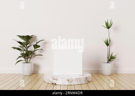 Weißes, quadratisches Fotorahmen-Mockup auf einem Podium-Marmor in einem leeren Raum mit Pflanzen auf Holzboden. 3D-Rendering. Stockfoto