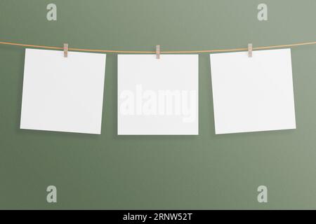 Dreifach minimalistisches Poster oder Fotorahmen in quadratischer Leinwand zum Aufhängen in der Wohnzimmerwand. 3D-Rendering. Stockfoto