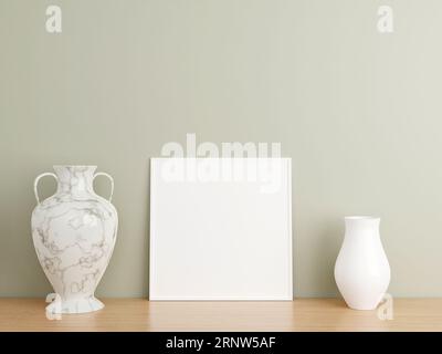 Minimalistisches quadratisches weißes Poster oder Fotorahmen-Modell auf Holzboden, das an der Wand anliegt. 3D-Rendering. Stockfoto