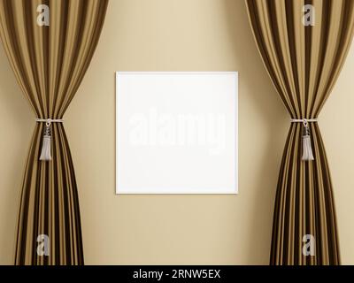 Minimalistisches quadratisches weißes Poster oder Fotorahmen-Mockup an der Wand zwischen dem Vorhang. 3D-Rendering. Stockfoto