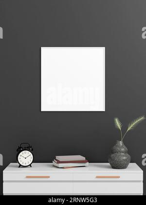 Minimalistisches quadratisches weißes Poster oder Fotorahmen-Mockup an der Wand mit Buch und Dekoration. 3D-Rendering. Stockfoto