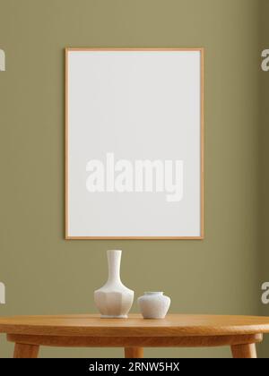 Minimalistisches vertikales Holzplakat oder Fotorahmen-Modell an der Wand im Wohnzimmer. 3D-Rendering. Stockfoto