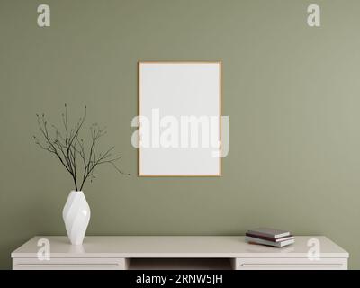Minimalistisches vertikales Poster aus Holz oder Fotorahmen an der Wand mit Buch und Dekoration. 3D-Rendering. Stockfoto