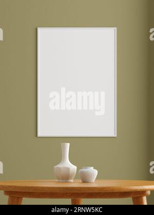 Minimalistisches, vertikales weißes Poster oder Fotorahmen-Mockup an der Wand im Wohnzimmer. 3D-Rendering. Stockfoto