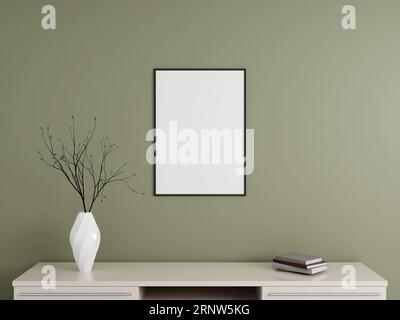 Minimalistisches, schwarzes Poster oder Fotorahmen-Mockup an der Wand mit Buch und Dekoration. 3D-Rendering. Stockfoto