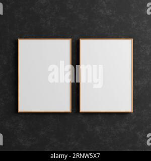 Zwei moderne und minimalistische vertikale Holzplakate oder Fotorahmen an der industriellen schwarzen Wand. 3D-Rendering. Stockfoto