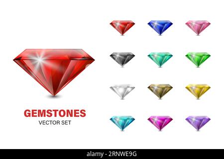 Vector 3D realistisches farbenfrohes Edelsteinsymbol-Set. Mehrfarbige Diamant-, Kristall-, Rhinestones-Nahaufnahme isoliert auf weißem Hintergrund. Jewerly-Konzept Stock Vektor