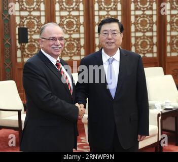 (171218) -- PEKING, 18. Dezember 2017 -- Zhang Dejiang (R), Vorsitzender des Ständigen Ausschusses des Nationalen Volkskongresses Chinas, trifft sich mit Dimitrios Papadimoulis, Vizepräsident des Europäischen Parlaments, in Peking, der Hauptstadt Chinas, am 18. Dezember 2017. ) (wyl) CHINA-BEIJING-ZHANG DEJIANG-EUROPEAN PARLIAMENT-MEETING (CN) PangxXinglei PUBLICATIONxNOTxINxCHN Stockfoto