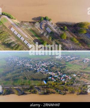 (171221) -- ZHENGZHOU, 21. Dezember 2017 -- Kombo-Foto vom 2. November 2017 zeigt die Hochwasserschutzanlage im Dorf Zhengzhai der Gemeinde Lugang im Bezirk Changyuan, Provinz Henan in Zentralchina. Ab Ende 2014 organisierte die Provinzregierung von Henan ein Pilotprojekt zur Armutsbekämpfung, um 14 Dörfer entlang des Gelben Flusses von Auengebieten in neue Siedlungen zu verlagern, während die umgesiedelten Dorfbewohner ermutigt wurden, die Landwirtschaft und den Tourismus zu entwickeln, um ihr Einkommen zu erhöhen. Im August wurde das Projekt offiziell von der Nationalen Entwicklungs- und Reformkommission Chinas genehmigt Stockfoto