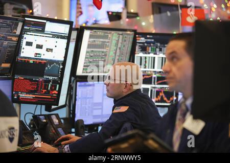 (180102) -- NEW YORK, 2. Januar 2018 -- Händler arbeiten am 2. Januar 2018 an der New Yorker Börse in New York, USA. Die US-Aktien stiegen am Dienstag an, wobei der Nasdaq Composite Index zum ersten Mal über der großen Rundenzahl von 7.000 Punkten lag, als die Wall Street 2018 mit einer hohen Note startete. Der Dow Jones Industrial Average stieg um 104,79 Punkte oder 0,42 Prozent auf 24.824.01. Die S&P 500 fügte 2.695,79 22,18 Punkte oder 0,83 Prozent hinzu. Der Nasdaq Composite Index sprang 103,51 Punkte oder 1,50 Prozent auf 7.006,90 Punkte. ) U.S.-NEW YORK-STOCKS-ERSTER HANDELSTAG WANGXYING PUBLICATI Stockfoto