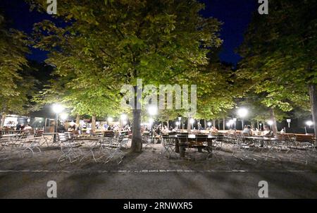 München, Deutschland. September 2023. Gäste sitzen in einem Biergarten im Englischen Garten in den Abendstunden. Quelle: Felix Hörhager/dpa/Alamy Live News Stockfoto