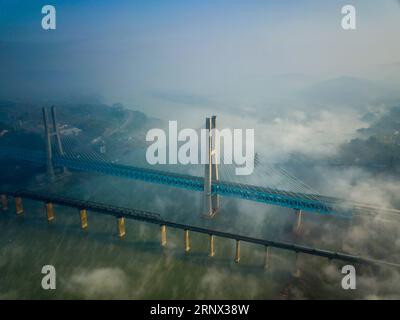 (180111) -- CHONGQING, 11. Januar 2018 -- die neue Baishatuo-Yangtze-Eisenbahnbrücke (oben) wird zusammen mit der früheren Baishatuo-Yangtze-Eisenbahnbrücke in Jiangjin der südwestchinesischen Gemeinde Chongqing, 9. Januar 2018 gesehen. Der Bau der neuen zweistöckigen Stahlfachwerkseilbrücke wurde vor kurzem abgeschlossen. Es verfügt über 4 Gleise auf dem Oberdeck für Personenzüge mit einer geplanten Geschwindigkeit von 200 Metern pro Stunde und 2 Gleise auf dem Unterdeck für Güterzüge mit einer geplanten Geschwindigkeit von 120 Kilometern pro Stunde. Die Gesamtlänge der Brücke beträgt 5,32 Kilometer, davon die Stockfoto