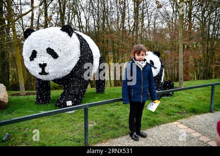 (180113) -- SAINT-AIGNAN, 13. Januar 2018 -- Ein Besucher posiert am 13. Januar 2018 für Ein Foto mit einer Pandafigur im Zooparc de Beauval in Saint-Aignan, Frankreich. Yuan Meng, das erste in Frankreich geborene Panda-Jungtier, debütiert am Samstagmorgen bei der Öffentlichkeit. (LRZ) FRANCE-SAINT-AIGNAN-ZOOPARC DE BEAUVAL-PANDA BABY-YUAN MENG CHENXYICHEN PUBLICATIONXNOTXINXCHN Stockfoto