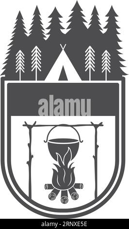 Das Symbol des Campingclubs. Schwarzes Forest Trip-Logo Stock Vektor