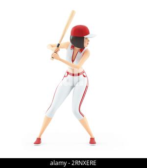 3D-Baseball-Mädchen bereit, eine Fledermaus zu schwingen, Illustration isoliert auf weißem Hintergrund Stockfoto