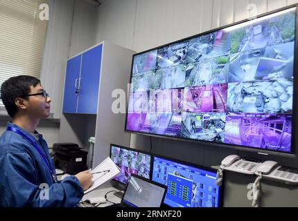 (180126) -- PEKING, 26. Januar 2018 -- Ein Wissenschaftler überwacht das Experiment an der Beihang-Universität in Peking, 26. Januar 2018. Zwei männliche und zwei weibliche Studenten von der Beihang University, der zweiten Gruppe von Freiwilligen, die in Yuegong-1, auch bekannt als Lunar Palace 1, übernachteten, vollendeten die zweite Phase des 365-tägigen Experiments am Freitag und stellten einen Weltrekord für den längsten Aufenthalt in einer abgeschlossenen Kabine auf. Die erste Gruppe von Freiwilligen, die zuvor 60 Tage in der Kabine verbracht hatte, trat wieder in die Kabine ein, um die zweite Gruppe zu ersetzen, und begann die dritte und letzte Phase, die 105 Tage dauern wird. Stockfoto