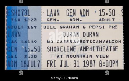 Mountain View, Kalifornien - 31. Juli 1987 - Old Used Ticket Stumb für Duran Duran Konzert im Shoreline Amphitheatre Stockfoto