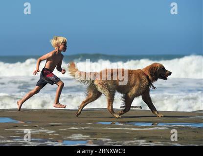 (180214) -- PEKING, 14. Februar 2018 -- Ein Junge spielt mit seinem Hund am Strand von San Francisco, USA, 21. Oktober 2017. Hunde werden allgemein als bester Freund der Menschen gepriesen und helfen Menschen auf vielfältige Weise. Sehen wir uns die Momente an, die Hunde zur Begrüßung des nahenden chinesischen Mondjahres des Hundes gebracht haben. Das chinesische Mondneujahr, auch bekannt als das Frühlingsfest, findet am 16. Februar dieses Jahres statt. Die diesjährige Feier wird das Jahr des Hundes einläuten. Der Hund kommt auf Platz 11 in der 12-Tier-Tierkreisrotation, die von den Chinesen verwendet wird, um das Jahr darzustellen. ) (ly/ry) CHINA-HUND DES SICH NÄHERNDEN JAHRES (CN) Wux Stockfoto