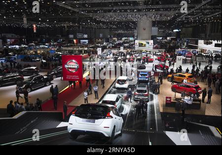 (180306) -- GENF, 6. März 2018 -- Foto vom 6. März 2018 zeigt einen allgemeinen Blick auf den 88. Internationalen Automobilsalon von Genf während des ersten Pressetages in Genf, Schweiz. Die Motor Show, die mehr als 180 Aussteller aus der Welt anzieht, wird vom 8. Bis 18. März 2018 für die Öffentlichkeit geöffnet sein. ) (zy) SCHWEIZ-GENF-MOTORSHOW XuxJinquan PUBLICATIONxNOTxINxCHN Stockfoto