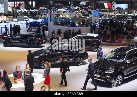 (180306) -- GENF, 6. März 2018 -- Foto vom 6. März 2018 zeigt einen allgemeinen Blick auf den 88. Internationalen Automobilsalon von Genf während des ersten Pressetages in Genf, Schweiz. Die Motor Show, die mehr als 180 Aussteller aus der Welt anzieht, wird vom 8. Bis 18. März 2018 für die Öffentlichkeit geöffnet sein. ) (zy) SCHWEIZ-GENF-MOTORSHOW XuxJinquan PUBLICATIONxNOTxINxCHN Stockfoto