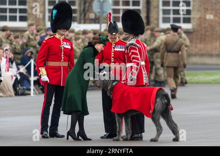 (180317) -- LONDON, 17. März 2018 -- Catherine (2. L, Front), die Herzogin von Cambridge, präsentiert dem Maskottchen der Irish Guards Domhnall während der jährlichen Irish Guards St. Patrick's Day Parade in Hounslow, London, Großbritannien, am 17. März 2018. ) GROSSBRITANNIEN-LONDON-ST. PATRICK S DAY-IRISH GUARDS-PARADE-ROYAL RAYXTANG PUBLICATIONXNOTXINXCHN Stockfoto