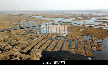 (180401) -- XIONGAN NEW AREA, 1. April 2018 -- dieses Luftbild vom 29. März 2018 zeigt den Baiyangdischen See in Xiongan New Area, nordchinesische Provinz Hebei. Xiongan New Area, gegründet am 1. April 2017, ist eine neue Wirtschaftszone etwa 100 Kilometer südwestlich von Peking. Es ist das dritte neue Gebiet von nationaler Bedeutung nach der Shenzhen Special Economic Zone und dem Shanghai Pudong New Area. China will es als eine kohlenstoffarme, intelligente, lebenswerte und global einflussreiche Stadt errichten, in der Menschen und Natur in Harmonie leben. ) (LMM) CHINA-XIONGAN NEW AREA-ANNIVERSARY-AERIAL VIEW (CN) M Stockfoto