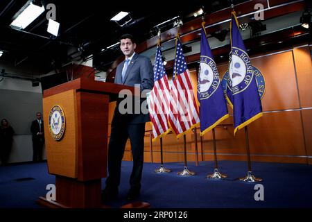 (180411) -- WASHINGTON April. 11, 2018 -- der Sprecher des US-Repräsentantenhauses Paul Ryan spricht während einer Pressekonferenz in Washington D.C., USA, am 11. April 2018. Der Sprecher des US-Repräsentantenhauses Paul Ryan wird im November nicht zur Wiederwahl kandidieren, sein Amt wurde am Mittwoch bestätigt. )(rh) U.S.-WASHINGTON D.C.-PAUL RYAN TingxShen PUBLICATIONxNOTxINxCHN Stockfoto