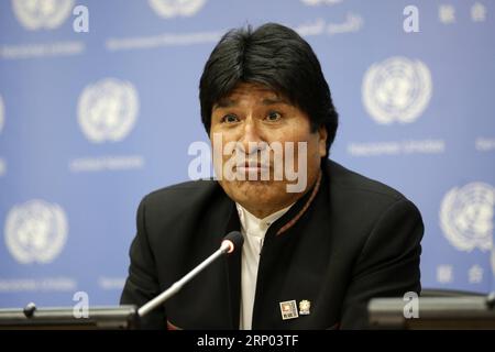 (180416) -- VEREINTEN NATIONEN, 16. April 2018 -- bolivianischer Präsident Juan Evo Morales Ayma nimmt am 16. April 2018 am Hauptsitz der Vereinten Nationen in New York an einer Pressekonferenz über die kollektiven Rechte indigener Völker auf Land, Gebiete und natürliche Ressourcen Teil. ) UN-BOLIVIA-EVO MORALES LixMuzi PUBLICATIONxNOTxINxCHN Stockfoto