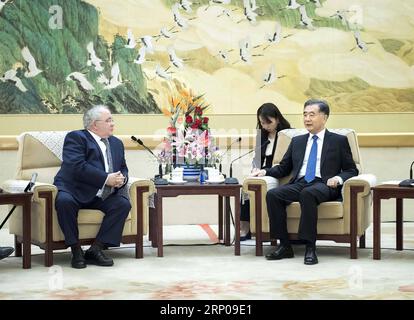 (180427) -- PEKING, 27. April 2018 -- Wang Yang (R), Vorsitzender des Nationalen Komitees der Politischen Konsultativkonferenz des chinesischen Volkes (CPPCC), trifft sich mit Sean O Fearghail, Vorsitzender des Dail Eireann, Unterhaus des irischen parlaments, in Peking, Hauptstadt Chinas, am 27. April 2018. ) (wyo) CHINA-BEIJING-WANG YANG-IRELAND-MEETING (CN) LixTao PUBLICATIONxNOTxINxCHN Stockfoto