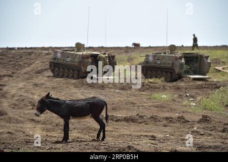 (180502) -- GOLANHÖHEN, 2. Mai 2018 -- gepanzerte Fahrzeuge werden bei einer militärischen Übung in den von Israel annektierten Golanhöhen am 2. Mai 2018 gesehen. Die israelischen Streitkräfte (IDF) sagten, dass die Übung im Voraus als Teil der jährlichen Trainingsübung geplant war und die Fähigkeit und Bereitschaft der Streitkräfte erhalten sollte. (lrz) MIDEAST-GOLAN HÖHENBOHRER GilxEliyahu-JINI PUBLICATIONxNOTxINxCHN Stockfoto