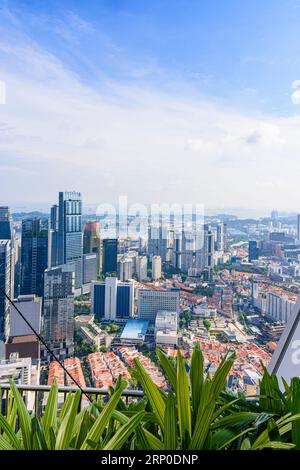 Blick über Chinatown und das CBD vom Dachgarten auf der 51. Etage im nachhaltigen grünen Gebäude, CapitaSpring, 88 Market Street, Singapur Stockfoto