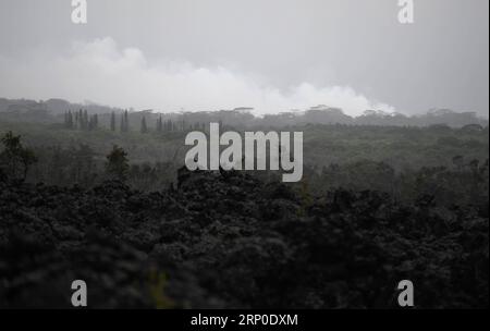 (180509) -- PAHOA, 9. Mai 2018 -- Foto vom 8. Mai 2018 zeigt den Rauch, der aus einer Lava- und gasproduzierenden Spalte auf dem Leilani Estate in Pahoa, Hawaii, USA steigt. Der Ausbruch des Vulkans Kilauea hat 36 zerstörte Strukturen verursacht und Hunderte von Menschen evakuiert. Es gibt 14 Lava- und Gasspalten in Leilani Estates, nachdem die beiden neuen am Dienstag gegründet wurden. (Zjl) US-HAWAII-VULKANAUSBRUCH TaoxXiyi PUBLICATIONxNOTxINxCHN Stockfoto