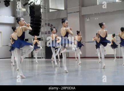 (180510) -- PEKING, 10. Mai 2018 -- Studenten Proben den neunfarbigen Hirsch in der Beijing Jinsong No. 4 Primary School in Peking, Hauptstadt von China, 10. Mai 2018. Der neunfarbige Hirsch ist ein Ballett des National Ballet of China, das auf einem Volksmund basiert. Die Geschichte handelt von einem königlichen Hirsch, der an den Wänden der Dunhuang Mogao Grotten an einer kulturellen und religiösen Kreuzung auf der alten Seidenstraße in der nordwestlichen chinesischen Provinz Gansu liegt. (LB) CHINA-BEIJING-BALLETT-GRUNDSCHULE (CN) JinxLiangkuai PUBLICATIONxNOTxINxCHN Stockfoto