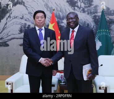 (180512) -- ADDIS ABEBA, 12. Mai 2018 -- Li Zhanshu (L), Vorsitzender des Ständigen Ausschusses des Nationalen Volkskongresses Chinas (NPC), trifft sich mit Thomas Kwesi Quartey, stellvertretender Vorsitzender der Kommission der Afrikanischen Union (AU), während seines Besuchs im AU-Hauptquartier in Addis Abeba (Äthiopien) am 11. Mai 2018. ) (SXK) ÄTHIOPIEN-ADDIS ABEBA-CHINA-LI ZHANSHU-AU-QUARTEY-MEETING LIUXWEIBING PUBLICATIONXNOTXINXCHN Stockfoto