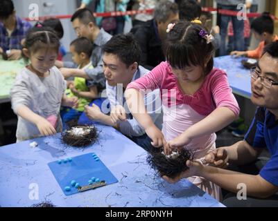 (180521) -- PEKING, 21. Mai 2018 -- Kinder machen mit ihren Eltern Vogelnester bei einem wissenschaftlichen Karneval in Peking, Hauptstadt Chinas, 20. Mai 2018. Viele Eltern nahmen ihre Kinder während der National Science and Technology Week 2018 mit, die am 19. Mai begann. )(ly) CHINA-PEKING-WISSENSCHAFTS- UND TECHNOLOGIETÄTIGKEIT (CN) JinxLiwang PUBLICATIONxNOTxINxCHN Stockfoto