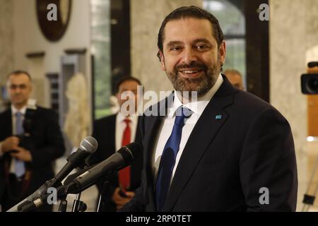 180524 -- BEIRUT, 24. Mai 2018 -- Saad Hariri spricht auf einer Pressekonferenz nach seinem Treffen mit dem libanesischen Präsidenten Michel Aoun in Beirut, Libanon, am 24. Mai 2018. Der libanesische Präsident Michel Aoun erließ am Donnerstag ein Dekret, in dem der Ministerpräsident Saad Hariri zum neuen Premierminister ernannt wurde, und beauftragte ihn mit der Bildung eines neuen Kabinetts. Dalati & Nohra LEBANON-BEIRUT-SAAD HARIRI-NEW PM DalatixxNohra PUBLICATIONxNOTxINxCHN Stockfoto