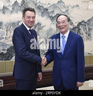 (180530) -- PEKING, 30. Mai 2018 -- der chinesische Vizepräsident Wang Qishan (R) trifft sich mit dem Präsidenten des Internationalen Komitees vom Roten Kreuz (IKRK) Peter Maurer in Peking, der Hauptstadt Chinas, am 30. Mai 2018. ) (LMM) CHINA-BEIJING-WANG QISHAN-IKRK-PETER MAURER-MEETING (CN) ZHANGXLING PUBLICATIONXNOTXINXCHN Stockfoto