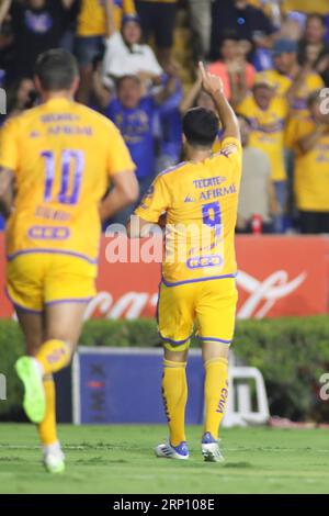 Monterrey, Mexiko. September 2023. September 2023; Monterrey, Nuevo León, Mexiko; Liga MX 2023 Apertura Spiel in der sechsten Runde zwischen UANL Tigres und Querétaro FC in Estádio Universitário. #9 Angreifer Tigres, Nicolás Ibañez feiert Torverpflichtung: Toby Tande Credit: PX Images/Alamy Live News Stockfoto