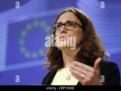 (180601) -- BRÜSSEL, 1. Juni 2018 -- EU-Handelskommissarin Cecilia Malmstrom spricht am 1. Juni 2018 im belgischen Brüssel am Hauptsitz der Europäischen Kommission über die US-Zölle auf Stahl und Aluminium, die die EU betreffen. ) (dtf) BELGIEN-BRÜSSEL-EU-US-TRADE-MALMSTROM YexPingfan PUBLICATIONxNOTxINxCHN Stockfoto