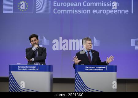 (180607) -- PEKING, 7. Juni 2018 -- Ignacio Garcia Bercero (L), Chefunterhändler der EU-TTIP, und sein US-amerikanischer Amtskollege Dan Mullaney nehmen an einer Pressekonferenz nach der 12. Verhandlungsrunde für die Transatlantische Handels- und Investitionspartnerschaft (TTIP) im Hauptsitz der Europäischen Kommission in Brüssel, Belgien, am 26. Februar 2016 Teil. ) Xinhua Schlagzeilen: China, EU halten multilateralen freien Handel unter Gegenwind Hand in Hand YexPingfan PUBLICATIONxNOTxINxCHN Stockfoto