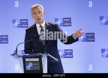 (180607) -- BRÜSSEL, 7. Juni 2018 -- NATO-Generalsekretär Jens Stoltenberg spricht vor einer Pressekonferenz vor einem Treffen der NATO-Verteidigungsminister am 7. Juni 2018 in seinem Hauptquartier in Brüssel, Belgien. ) (lrz) BELGIEN-BRÜSSEL-NATO-VERTEIDIGUNGSMINISTER-TREFFEN YexPingfan PUBLICATIONxNOTxINxCHN Stockfoto