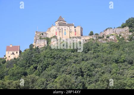 Le château fort de Castelnaud abrite le musée de la guerre au Moyen Âge et domine la Dordogne. Architektur, Histoire, Moyen âge, rivière, Natur, Nocke Stockfoto